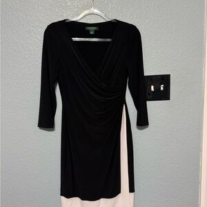 Ralph Lauren Women Dress 6 Black Poly Blend V Neck 3/4 Sleeve Pencil Knee Length